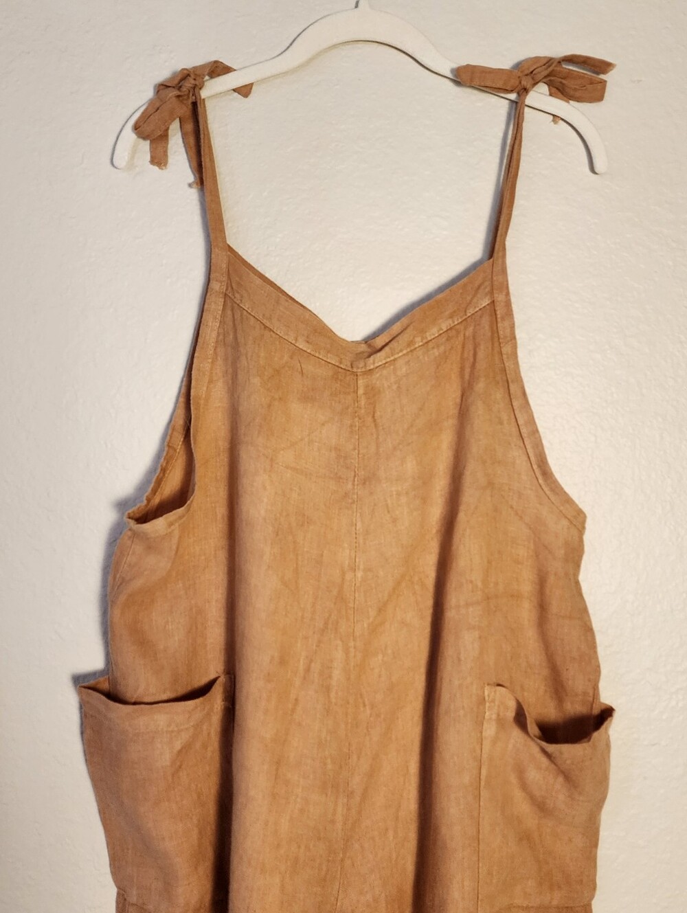 Made In Italy Hand Dyed Tie-Shoulder Linen Jumper Overalls in Peachy/ Camel/ Tan